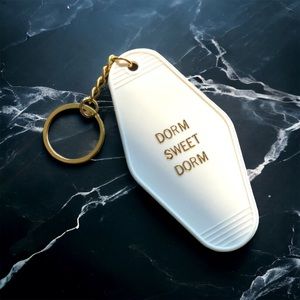 DORM SWEET DORM Retro Motel White Gold Plastic Keychain 1 pc College Gift